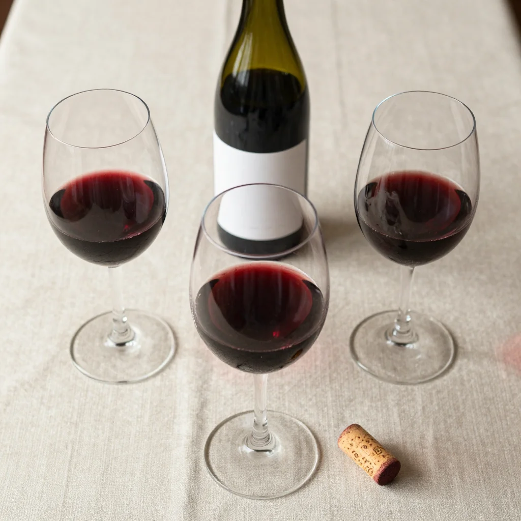 Wine photography — A glass of red wine poured to the widest part of the bowl, the colour deepening from ruby at the edge to near black at the centre, a bottle with a plain unmarked label behind it and a cork lying on the table., broad soft even daylight from directly above, light and open with a short soft shadow beside each glass, on a linen tablecloth