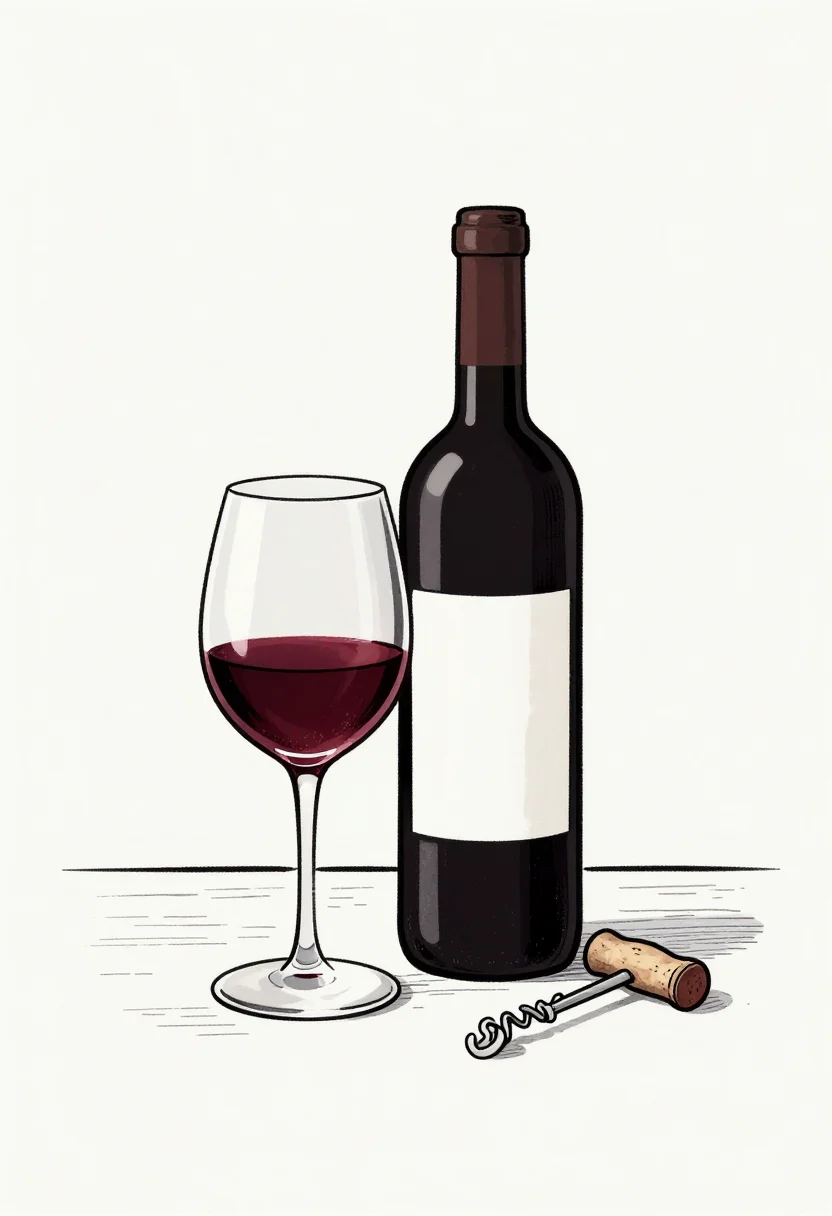 Wine — A stemmed glass half full of red wine beside a dark bottle with a blank label, a cork and corkscrew, on a wooden table, a warm side light., single-weight black line drawing, clean contour, white ground