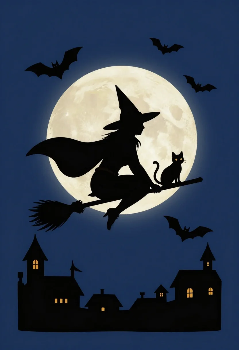 Witches — a witch on a broomstick crossing a huge full moon, cloak and pointed hat streaming behind, a cat riding the broom at her back, bats scattered around and a village of pointed roofs far below, a cut-paper silhouette illustration in solid flat shapes, the whole subject read by its outline alone