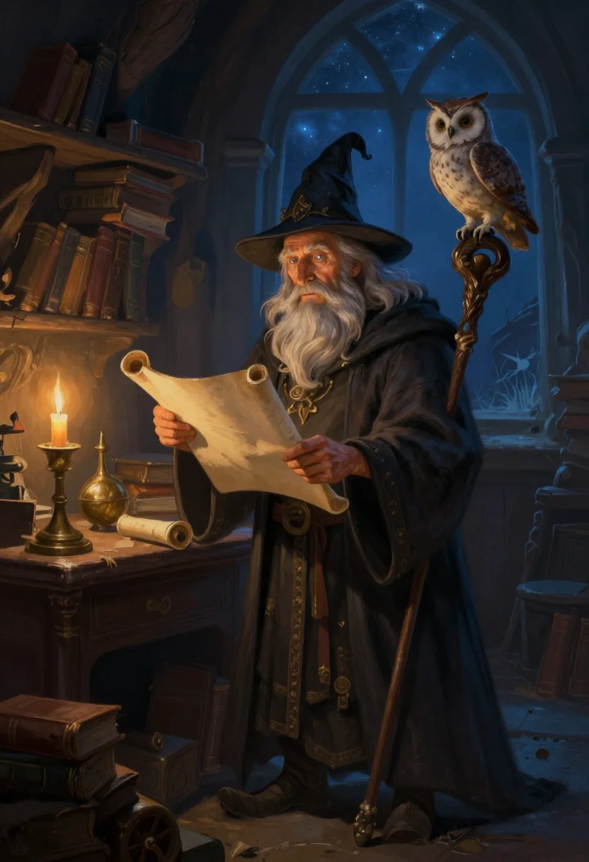 Wizards — an old wizard with a long grey beard and a pointed hat standing at a desk in a tower room crammed with books and brass instruments, a scroll unrolled between both hands, a staff leaning at the shoulder, an owl on a perch and a night sky in the window, painted as fantasy cover art, rich blended brushwork and edges softening into the ground behind