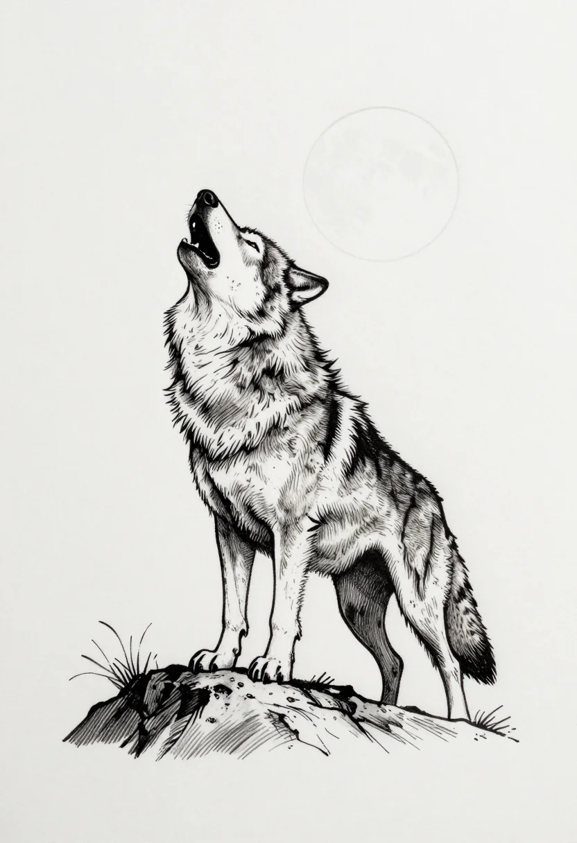 Wolves — the wolf howling on a rocky ridge under a full moon, head thrown back and throat bared, the fur lifted along its flank by the wind, fine-line tattoo work, the coat drawn stroke by stroke in black ink with no solid shading blocks