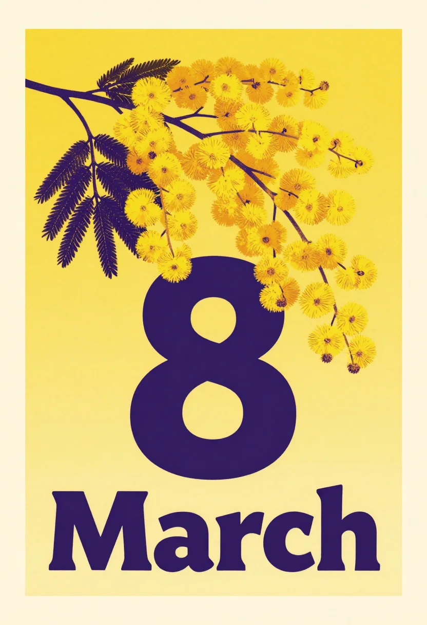 Women's Day posters — a branch of yellow mimosa with feathery leaves curving across the poster, the date "8 March" set large beneath it, two-colour risograph print, flat overprinted inks with visible grain and slight misregistration