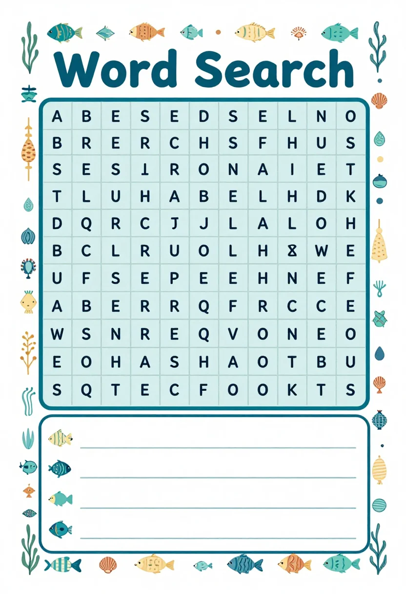 Word searches — a square grid of evenly spaced letter glyphs filling most of the sheet, a word bank box beneath it holding six blank ruled lines with a small picture beside each, and a border of small themed drawings running round the whole sheet, ocean-themed classroom design, flat fish, shells and seaweed drawn with soft rounded outlines