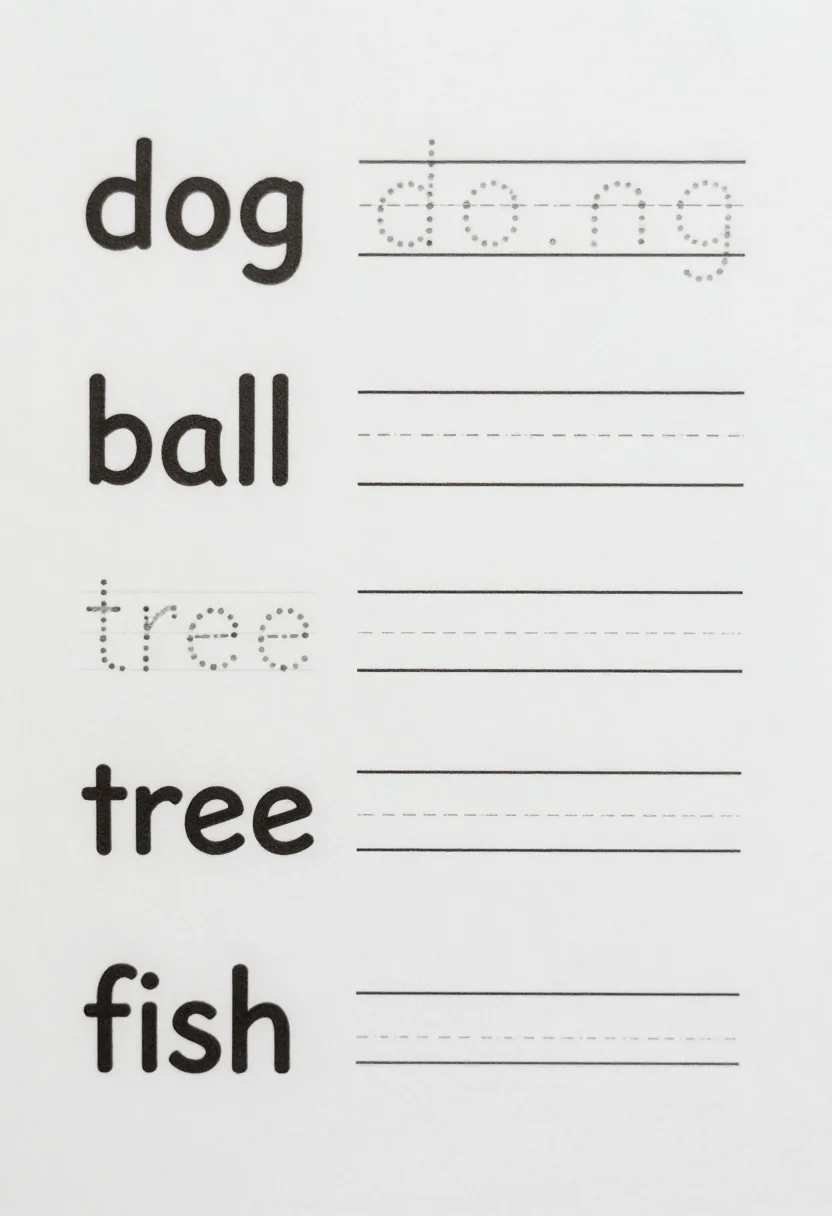 Word tracing — a word tracing page with four rows, each a small drawing beside its dotted word, "dog", "ball", "tree" and "fish", and a blank handwriting line after each, crisp black printer-ink worksheet, evenly spaced round dotted guide words with small start dots, bold clean outlined drawings, uniform line weight, no gray tones