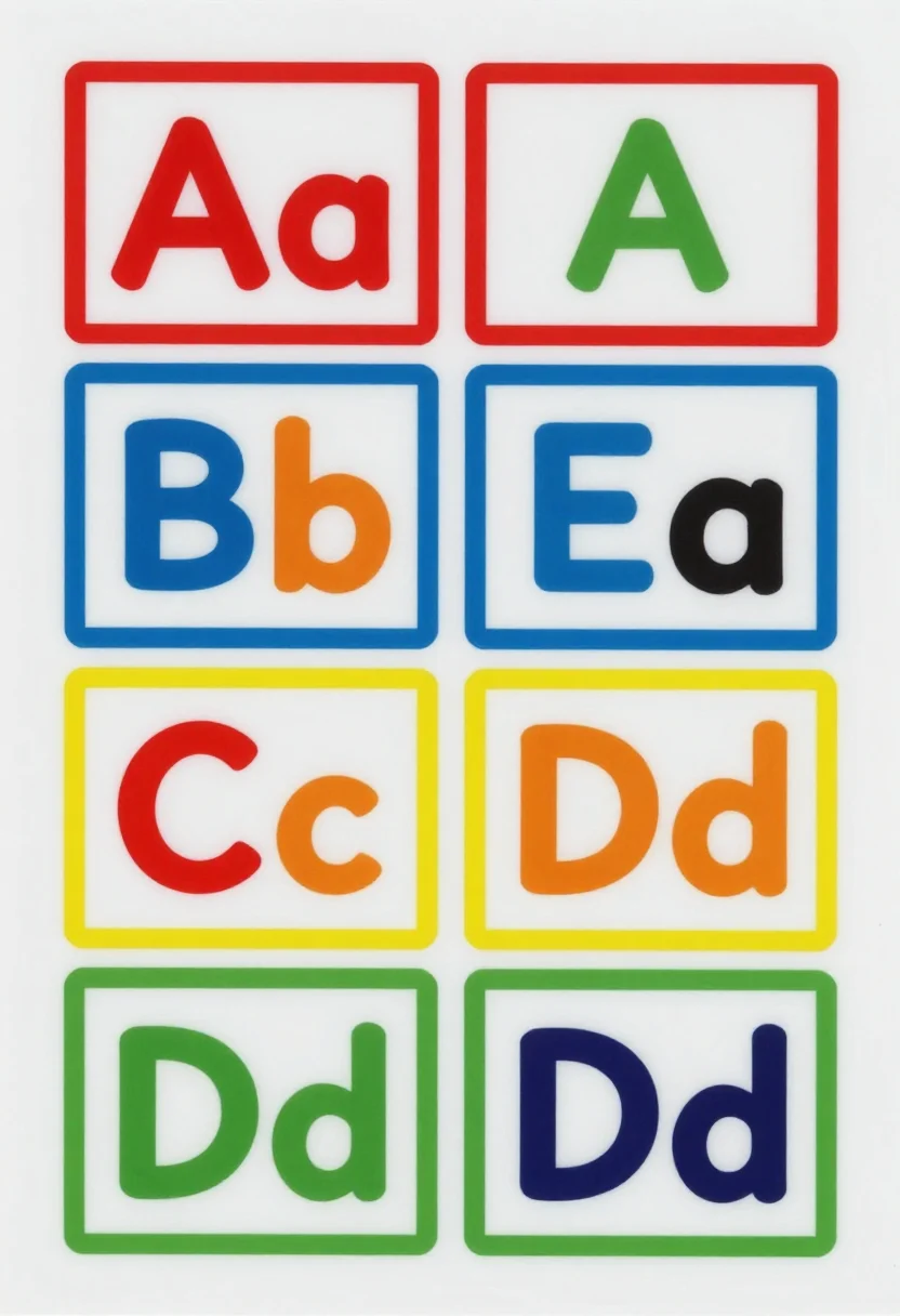 Word wall cards — four big alphabet header cards to the sheet, each a capital and lowercase pair — "Aa", "Bb", "Cc", "Dd" — with a small picture of a naming word beneath the letter, bold primary treatment, heavy sans-serif capitals, thick colored card frames, high contrast to be read across a room