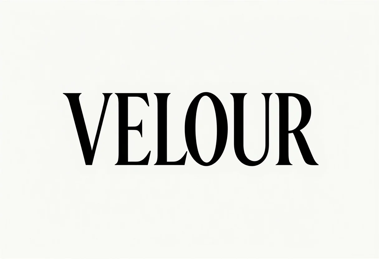 Wordmarks — the invented name "VELOUR" drawn as a high-contrast serif with one joined LO ligature, fine hairline strokes and wide even letterspacing, a crisp positive treatment with smooth gradient-free fills, hard clean edges and a hairline rule set beneath the name