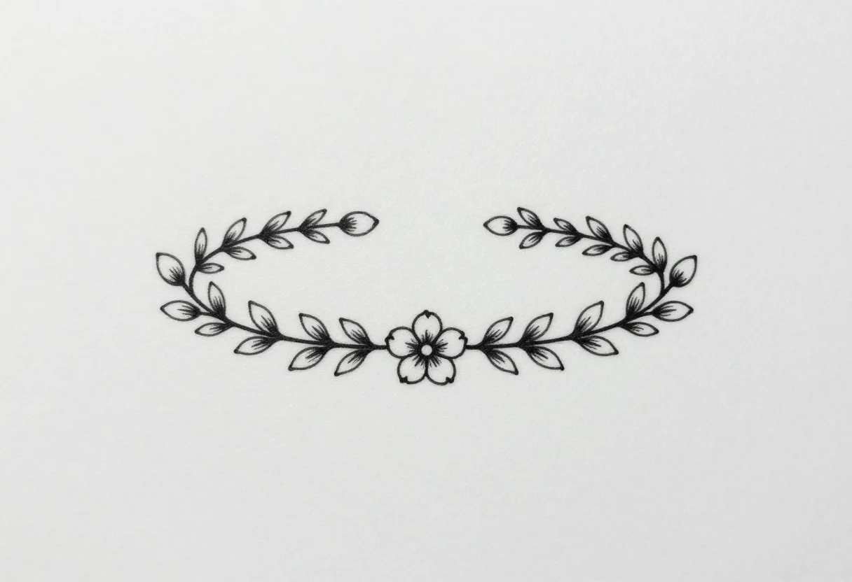 Wrist tattoos — a thin bracelet of small leaves and buds on a single vine, drawn as a long horizontal strip with a tiny flower at the centre, single-needle fine line work of one even thin weight, the shapes left open and no shading at all