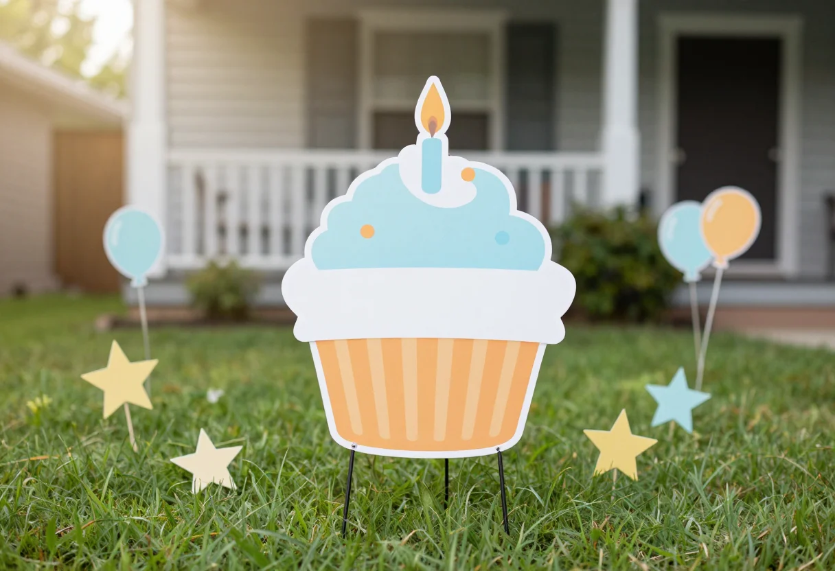 Yard signs — A yard sign standing on wire legs in a front lawn, shaped as a giant cupcake with a candle, a blank banner across its middle, a scatter of smaller star and balloon signs beside it, a house porch blurred behind, morning light., outdoor product photograph, soft daylight, lawn foreground, shallow depth, no text