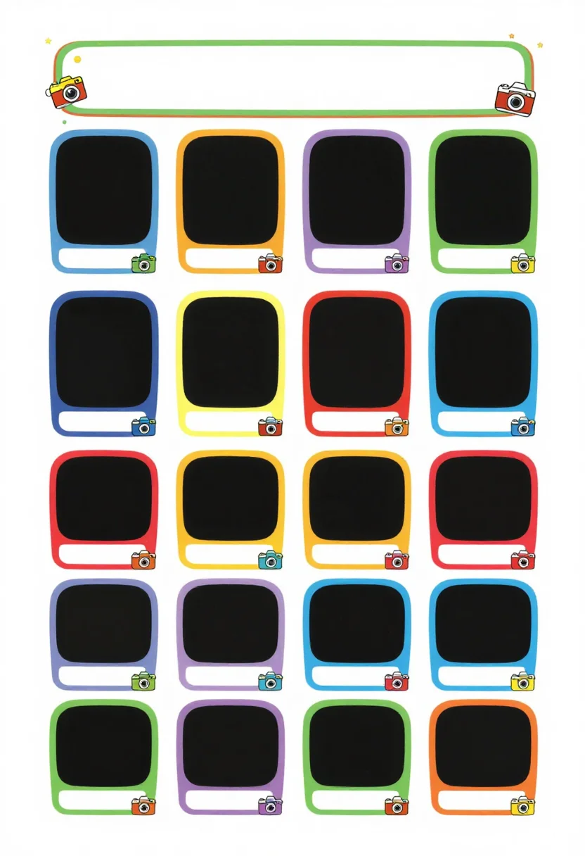 Yearbook pages — A portrait page with a blank class banner at the top and a grid of twenty empty rounded photo frames in four columns, each with a short blank name line beneath, a small drawn camera in the corner, a thin border of tiny stars., bright flat classroom design, bold primary colours, rounded corners, clean vector