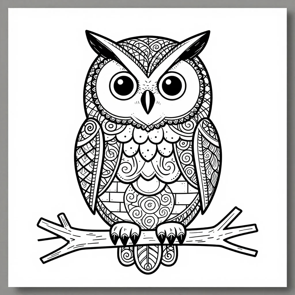 Zentangle patterns — a front-facing owl on a bare branch, its eyes, ear tufts, breast and fanned tail divided into pattern zones, a dense classic tangle, every zone packed edge to edge with a different repeating motif — crosshatch, scales, spirals, brickwork, feather ribs
