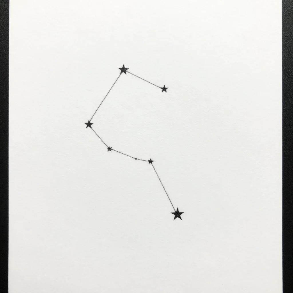 Zodiac tattoos — the Leo constellation drawn as nine small stars joined by thin straight lines, the brightest star Regulus slightly larger, a fine-line tattoo drawing, single-needle hairline strokes of even thin weight, delicate and light, no shading